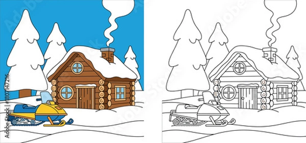 Fototapeta Coloring book page of snowmobile parked near wooden log cabin in winter forest. Cartoon landscape vector illustration with color guide and black and white outline for kids education.
