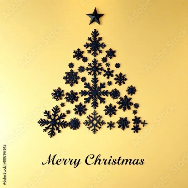 Fototapeta Minimalist Christmas Tree Made of Black Snowflakes on Smooth Golden Texture. Upscale Holiday Greeting_5