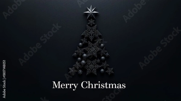 Fototapeta Minimalist Black Christmas Tree made of Snowflakes and Star on Dark Background Holiday Design_9