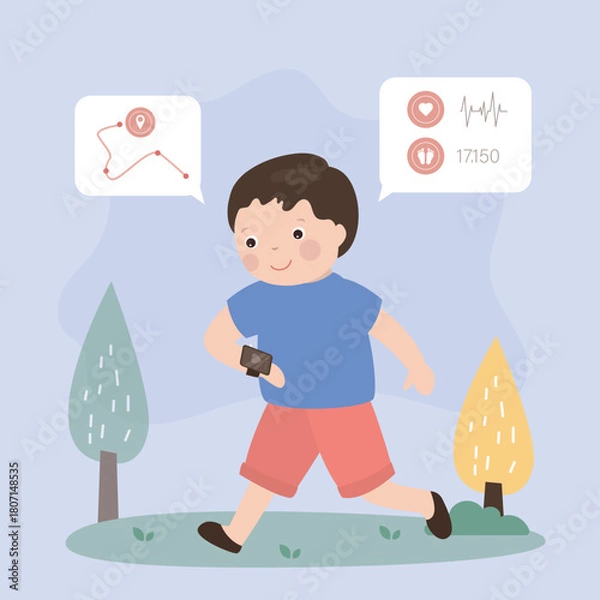 Obraz Cute little boy wear smart watch on wrist. Smart gadget for - talking, navigation, parental control and healthy lifestyle. Funny kid with electronic watch.