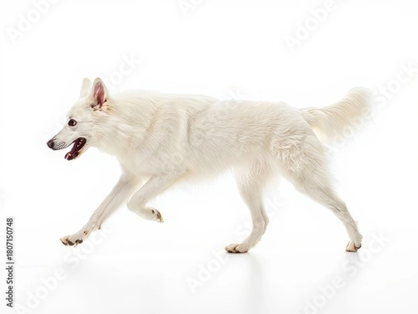 Fototapeta Energetic White Siberian Husky Running on White Background