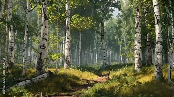 Fototapeta Birch grove in the sunlight. Trunks with white bark and green leaves. A spring or summer landscape.