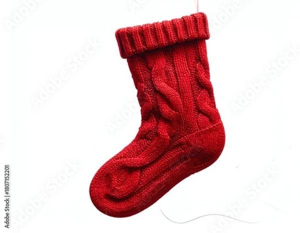 Obraz Cozy red knitted Christmas sock hanging decoratively.
