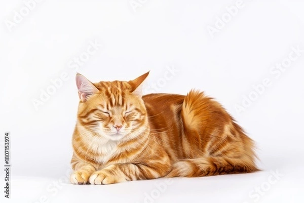 Fototapeta Relaxing Ginger Tabby Cat with Eyes Closed on White Background