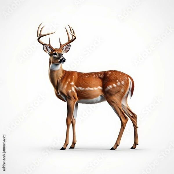 Obraz Majestic White-Tailed Buck Standing on White Background
