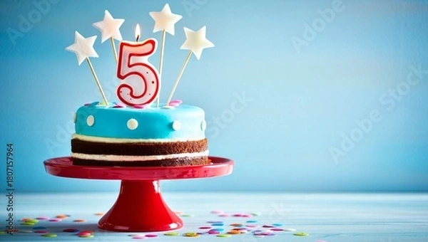 Fototapeta Delicious Chocolate Layer Cake with Number 5 Candles on Red Cake Stand