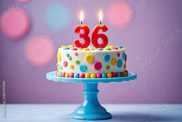 Fototapeta Colorful Birthday Cake with Number 36 Candles on Blue Stand