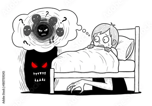 Fototapeta Terrified child hiding from monsters under bed