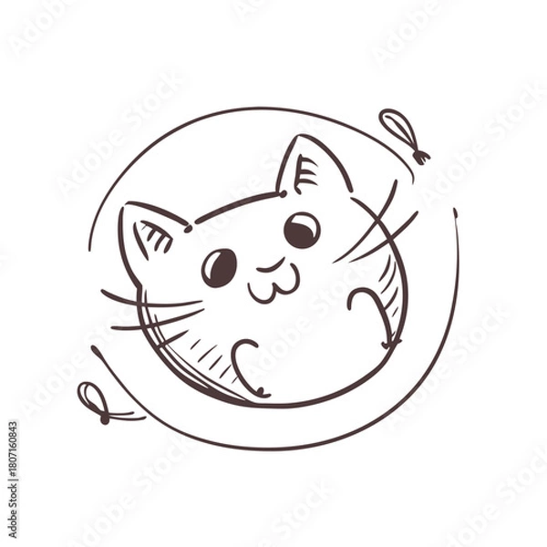 Obraz Charming Hand-Drawn Cat Sketch with Circular Frame, Featuring Soft Lines and Expressive Facial Details                                                