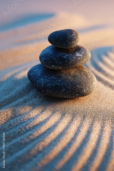 Fototapeta Serene Stacked Pebbles on Raked Sand, Soft Lighting, Zen-Inspired Composition.