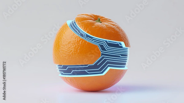 Fototapeta Orange placed on a central microchip surrounded by glowing circuit connections, futuristic fruit technology concept combining agriculture innovation, AI integration, smart food and digital electronics