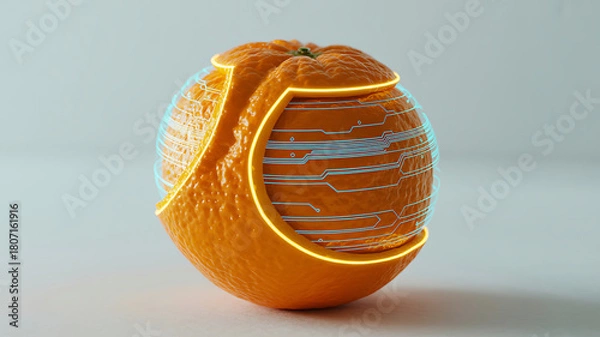 Fototapeta Orange placed on a central microchip surrounded by glowing circuit connections, futuristic fruit technology concept combining agriculture innovation, AI integration, smart food and digital electronics