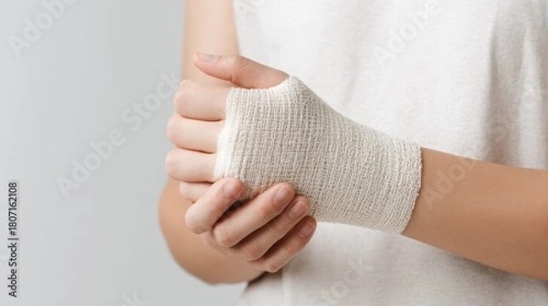 Fototapeta Person showing wrapped hand in white gauze bandage against neutral background. Medical texture reflects injury treatment, protection and healing care