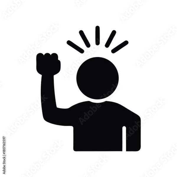 Obraz Triumph Icon: Silhouette of a Person with Raised Fist and Energy Lines Symbolizing Success and Achievement. Vector Illustration.                      