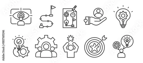 Obraz goals icon set collection in outline style. Icon pack contains goals , vision,mission plan, support, ideas, strategy, team, motivation,potential,  success, 