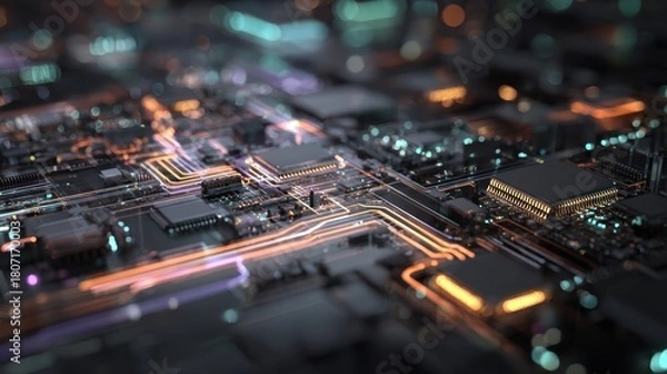 Fototapeta Intricate Circuit Board Illuminated with Neon Lights, Futuristic Technology Concept.