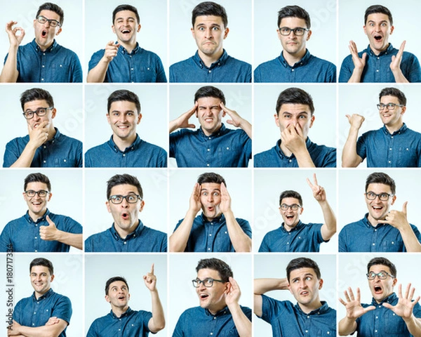 Fototapeta Set of young man's portraits with different emotions and gestures