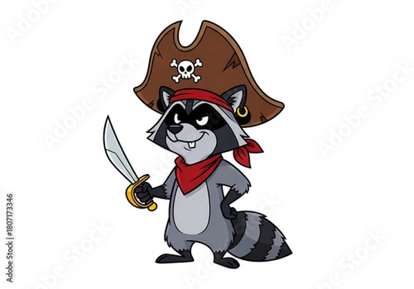 Fototapeta Cartoon raccoon pirate character with sword and hat
