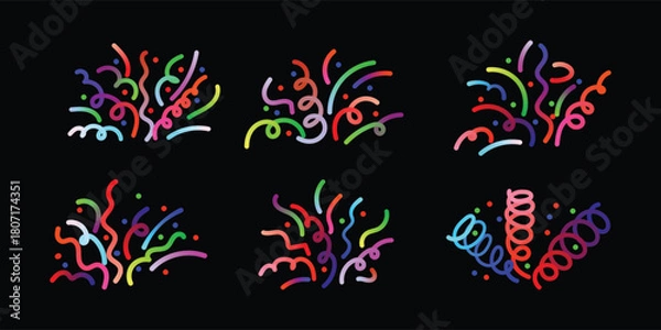 Fototapeta Colorful confetti and streamers scattered on a black background for celebration