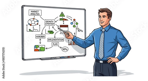 Fototapeta Business Presentation Man Explaining Growth Strategy on Whiteboard