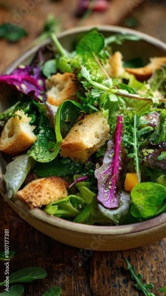 Fototapeta Artisanal Salad with Vibrant Greens, Magenta Chard, and Rustic Croutons in Soft Light.