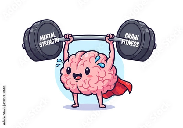 Fototapeta Cartoon brain lifting weights for mental strength