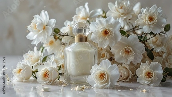 Obraz Elegant Perfume Bottle Surrounded by Delicate White Roses