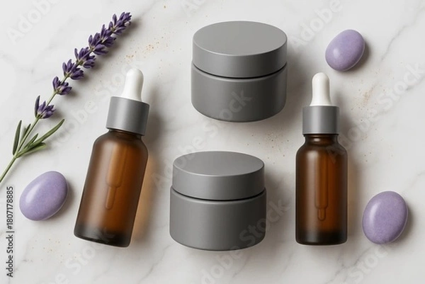 Obraz Minimalist Skincare Product Flat Lay on White Marble for Luxury Brand Banner