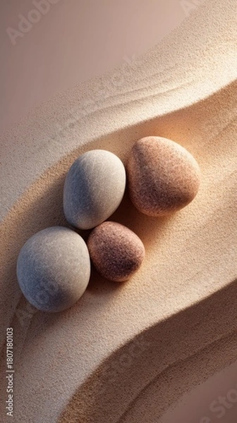 Obraz Serene Composition - Four Smooth Stones on Textured Wooden Surface, Warm Light.