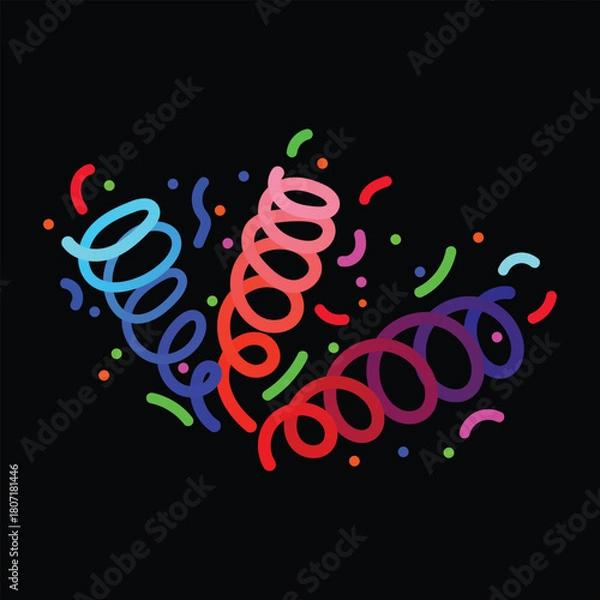 Fototapeta Colorful confetti and streamers falling against a black background for celebration