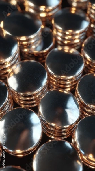 Obraz Gleaming Copper Stacks - Close-Up View of Metallic Discs, Reflective Surfaces.