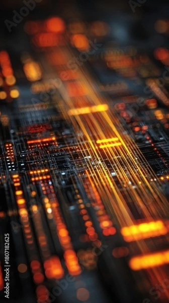 Fototapeta Abstract Circuit Board - Glowing Orange and Blue Electronic Pathways.