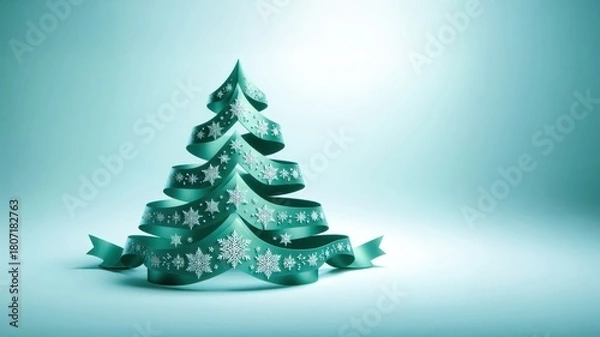 Obraz Modern Christmas tree created using a green ribbon and decorated with snowflakes, isolated on a clean white background. seasonal greeting cards, creative Christmas designs, festive branding.