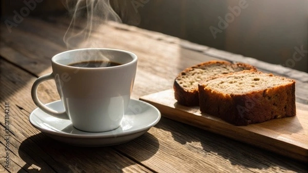 Obraz Sipping hot coffee with a slice of banana bread on a rustic wooden table in the morning a cozy breakfast experience