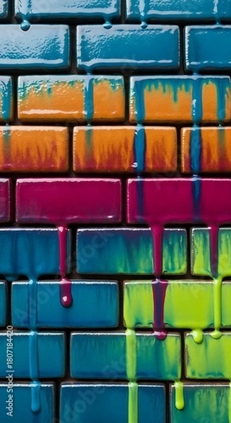 Fototapeta Vibrant dripping multicolor paint on glossy tiled brick wall for texture.
