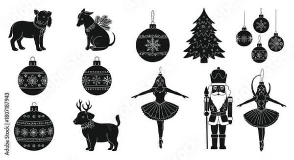 Fototapeta Black and white christmas icons featuring deer ornaments and nutcracker figures