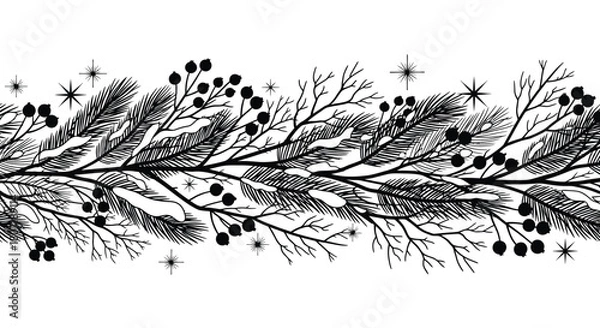 Fototapeta A decorative black and white branch with berries and sparkling star accents