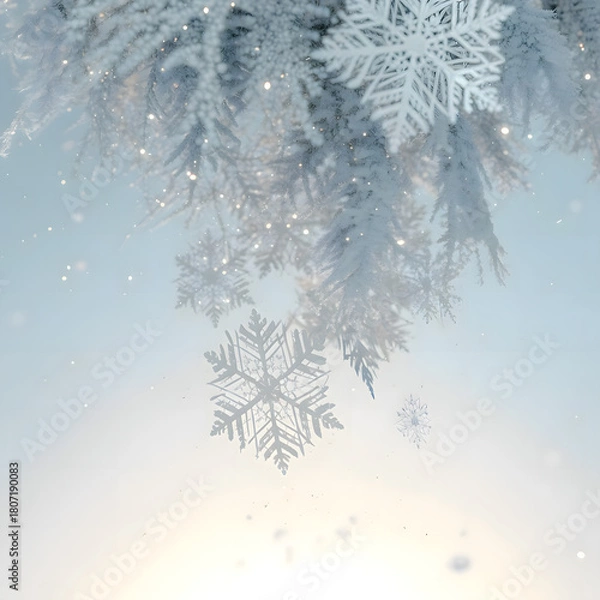 Fototapeta Soft focus winter scene with frosted evergreen branches and falling snowflake