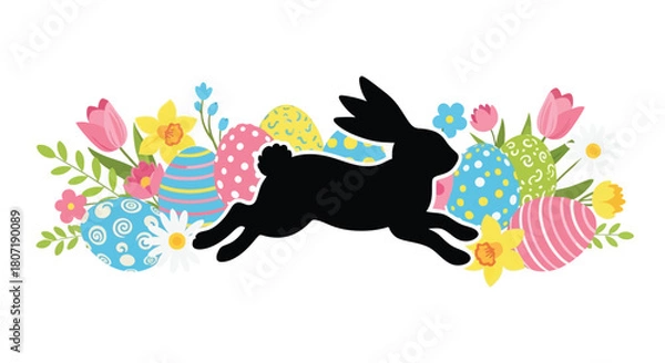 Fototapeta A silhouetted rabbit leaps amidst colorful easter eggs and spring blooms