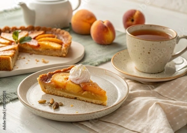 Obraz Savoring a warm slice of peach pie on a ceramic plate with herbal tea in a cozy natural setting