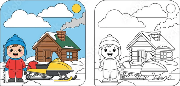 Fototapeta Winter coloring book page for kids: happy boy in warm clothes standing next to a yellow snowmobile in front of a snowy log cabin, vector illustration outline and color version.
