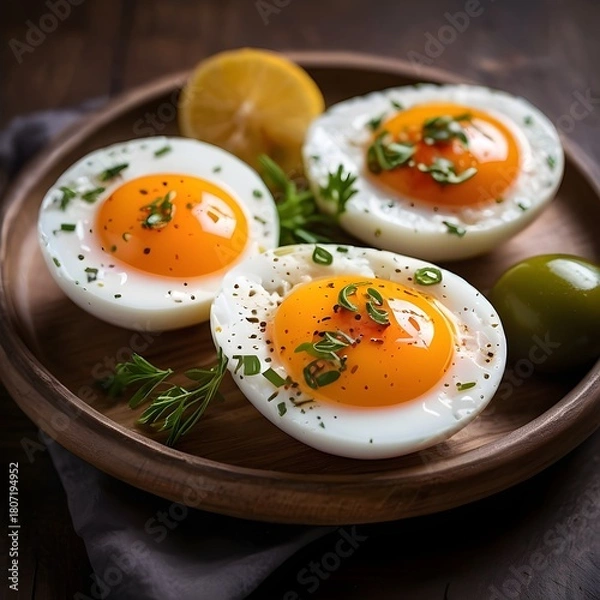 Fototapeta Perfectly Cooked Soft-Boiled Eggs Seasoned with Herbs