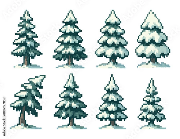 Fototapeta Pixel art winter trees set in various snowy stages