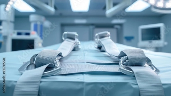 Obraz Patient safety straps on the operating table, detail shot, in a surgical room, using symmetry, with neutral lighting tones