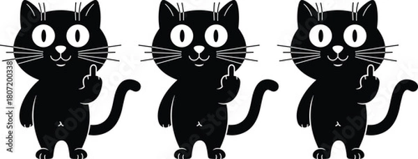 Fototapeta Funny black cat showing middle finger, rude cartoon kitten character, offensive hand gesture vector d gesture vector illustration, bad behavior pet design
