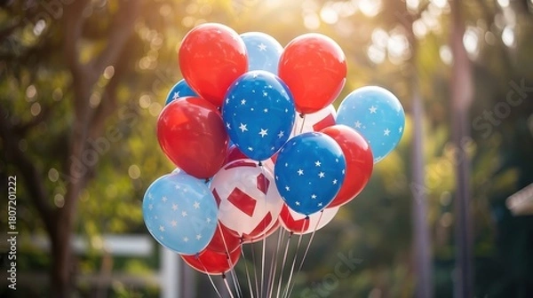 Obraz Patriotic 4th July background showcasing red, white, and blue balloons floating in the air, cheerful setting, soft lighting