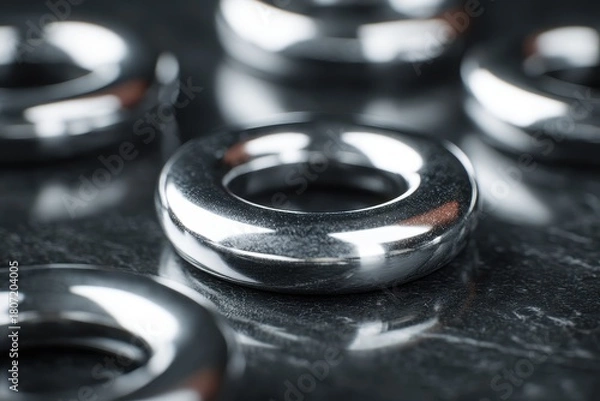 Fototapeta Gleaming Silver Rings - Industrial Precision on Dark Textured Surface, Shallow Focus.