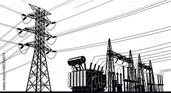 Fototapeta High voltage electrical substation vector illustration, power transmission tower, transformer and energy grid lines, black and white silhouette.