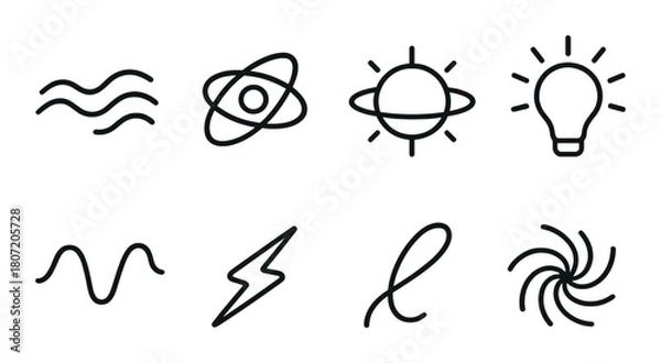 Obraz Set of eight science icons: atom, lightbulb, wave, energy, orbit, and more