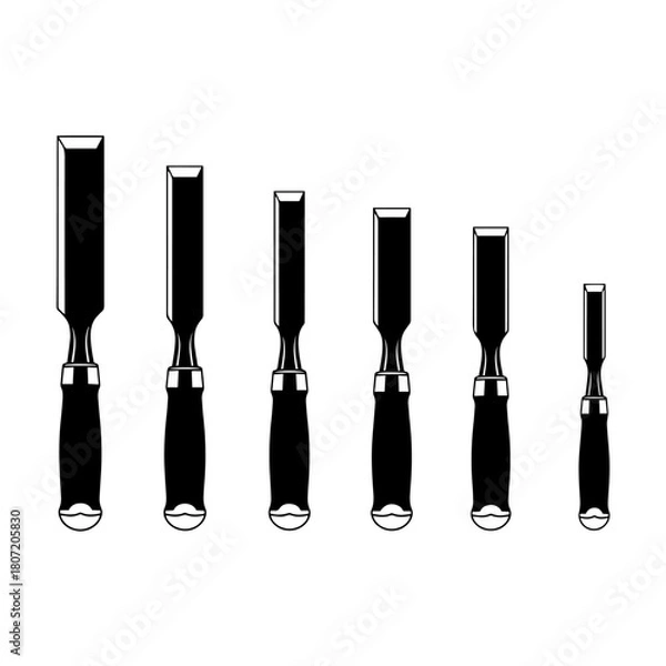 Fototapeta Set of six woodworking chisels in varying sizes, black and white illustration.